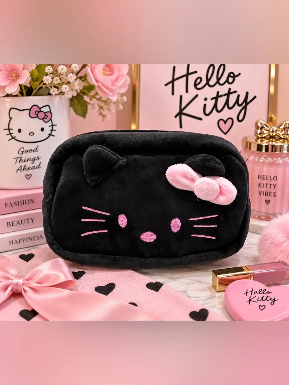 🖤🎀 Adorable Black Hello Kitty Plush Cosmetic Pouch – Pink Bow & Cute Lining